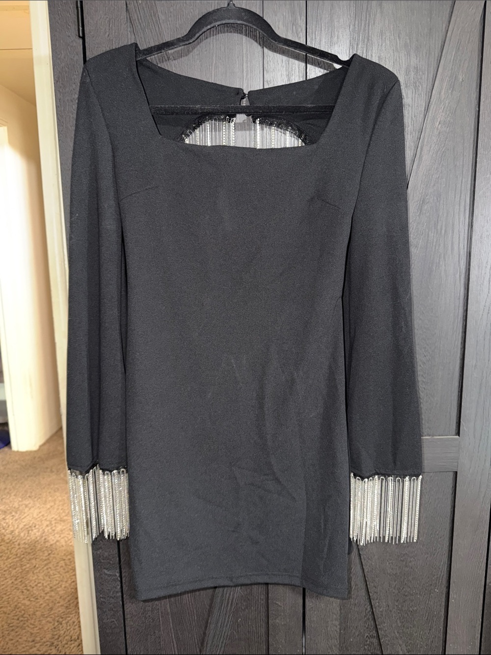 SHEIN Black Long-Sleeve Dress with Silver Fringe Cuffs
